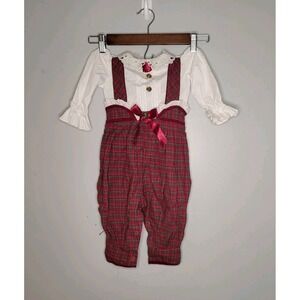 Vtg Lazrus Plaid Overalls Christmas Lace Rosette 12 Month Red Plaid Knickers Set